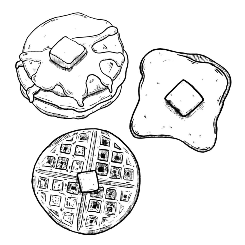 conjunto de croquis y tostadas de panqueques de comida de desayuno dibujados a mano y gofres con mantequilla vector