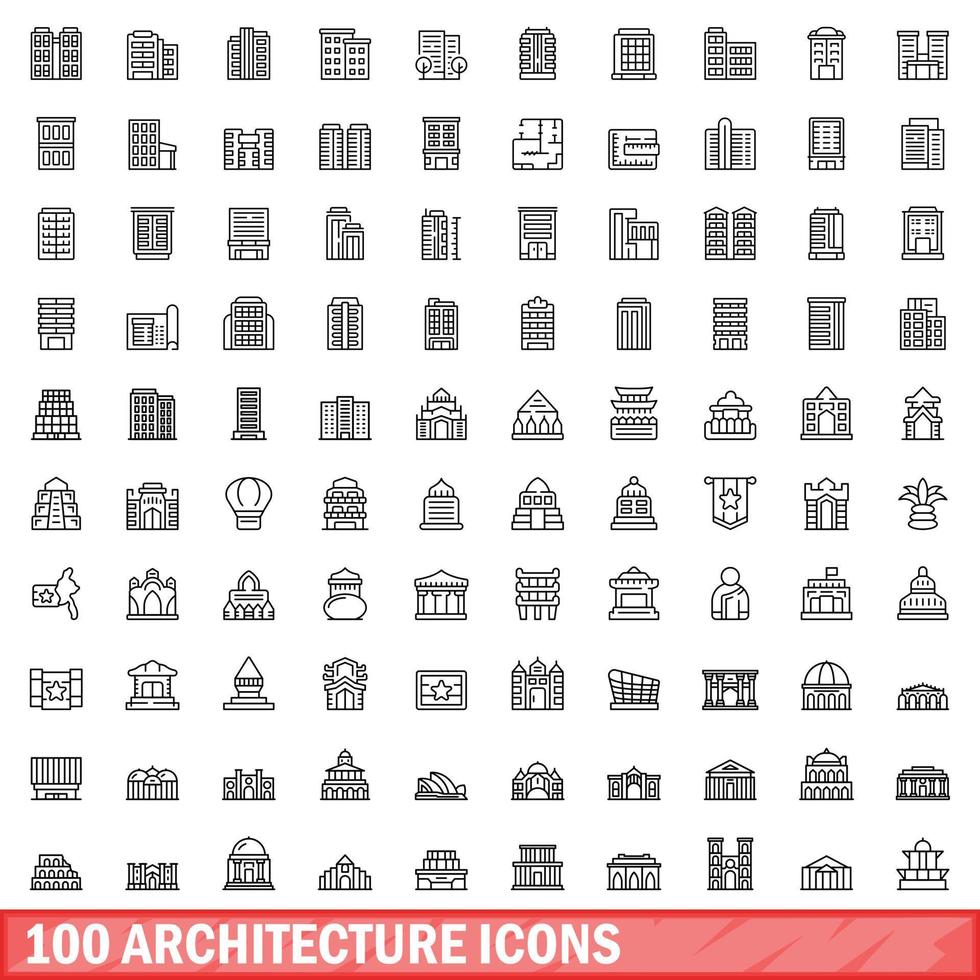100 architecture icons set, outline style vector