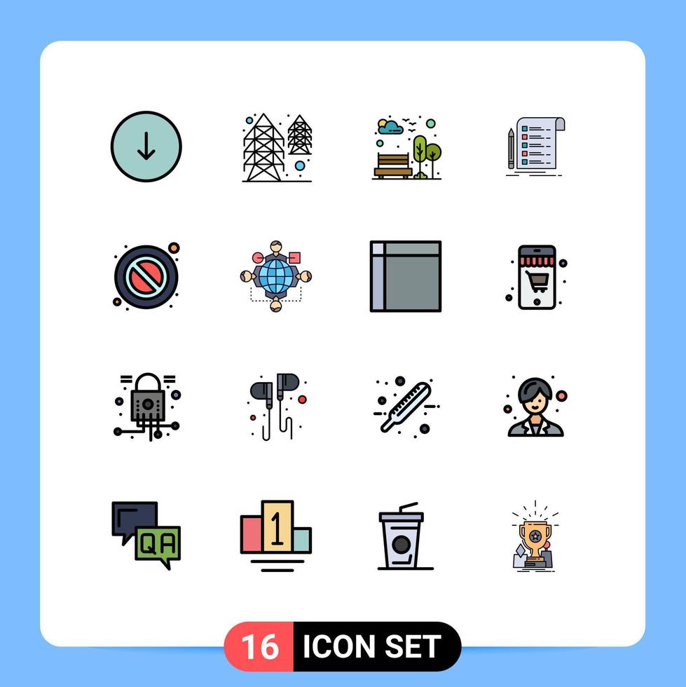 Group of 16 Flat Color Filled Lines Signs and Symbols for forbidden card bench invoice file Editable Creative Vector Design Elements