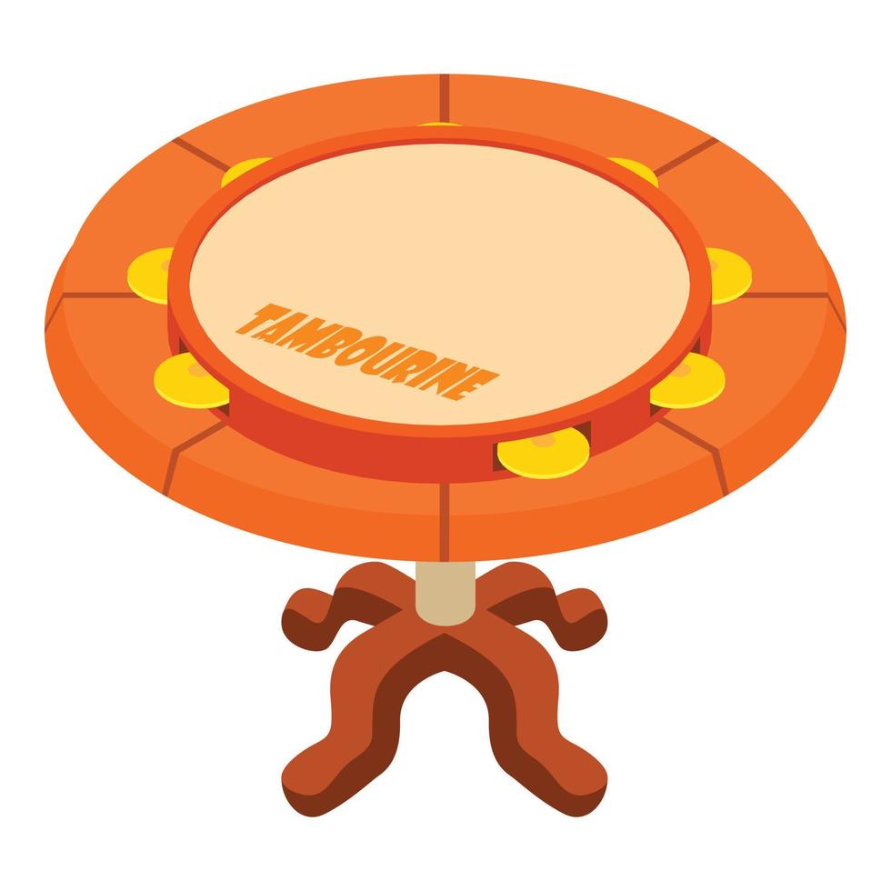 Tambourine icon isometric vector. Percussion musical instrument on wooden table vector