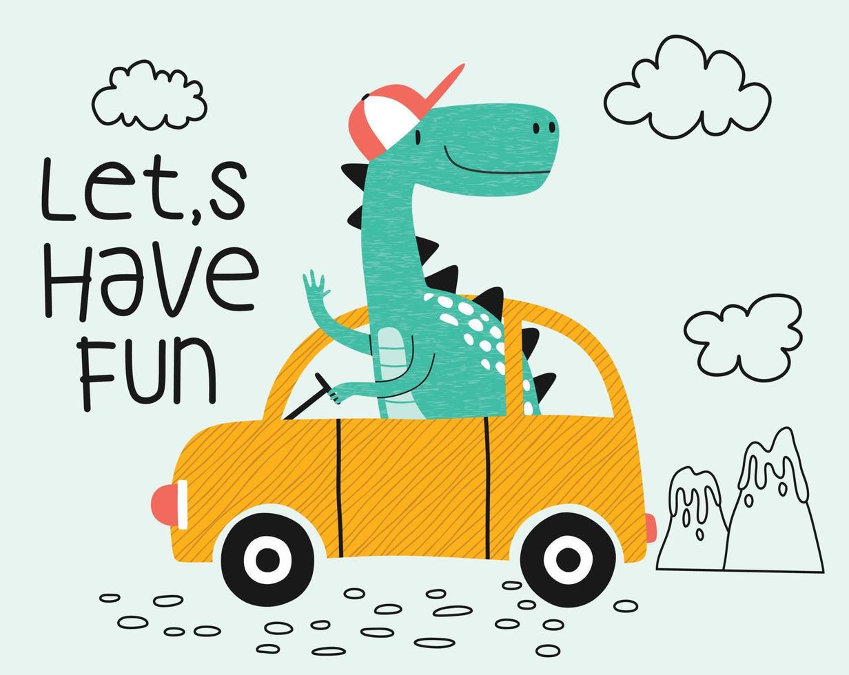 Ute dinosaurio con coche. gráficos de camisetas para niños ilustración vectorial. vector