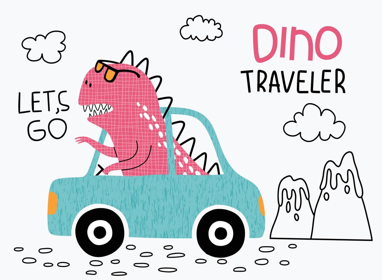 ute dinosaur with car. T-shirt graphics for kids vector illustration.