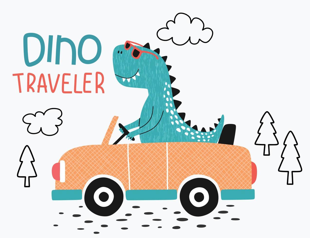 ute dinosaur with car. T-shirt graphics for kids vector illustration.