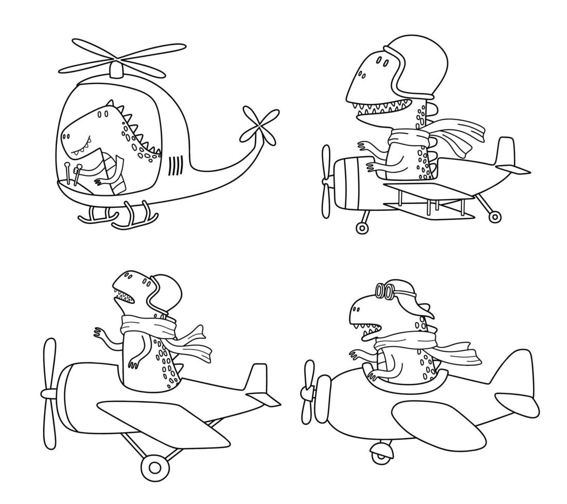 Doodle set of Cute dinosaurs flying in airplane vector