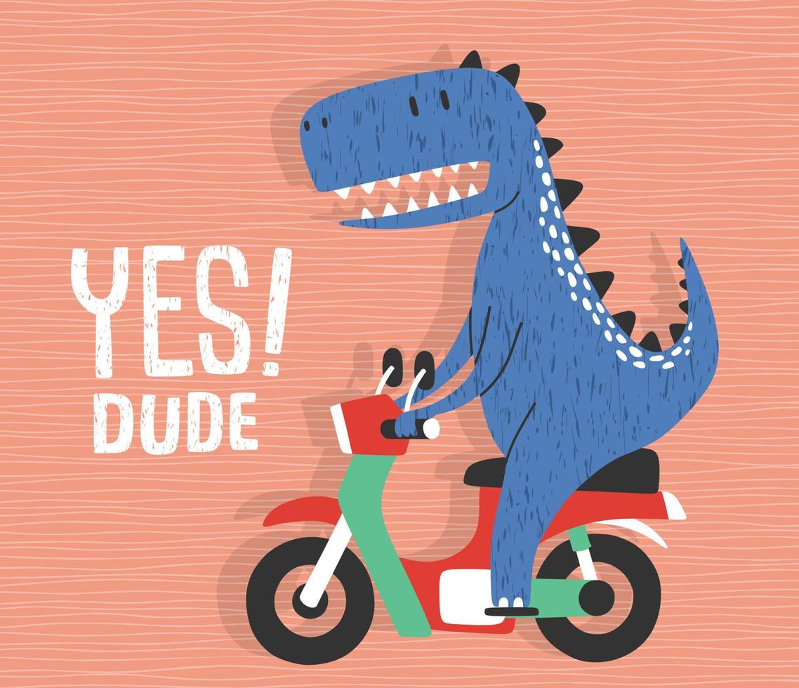 Cartoon dinosaur riding a motorcycle. Cute dino on a motorbike. vector