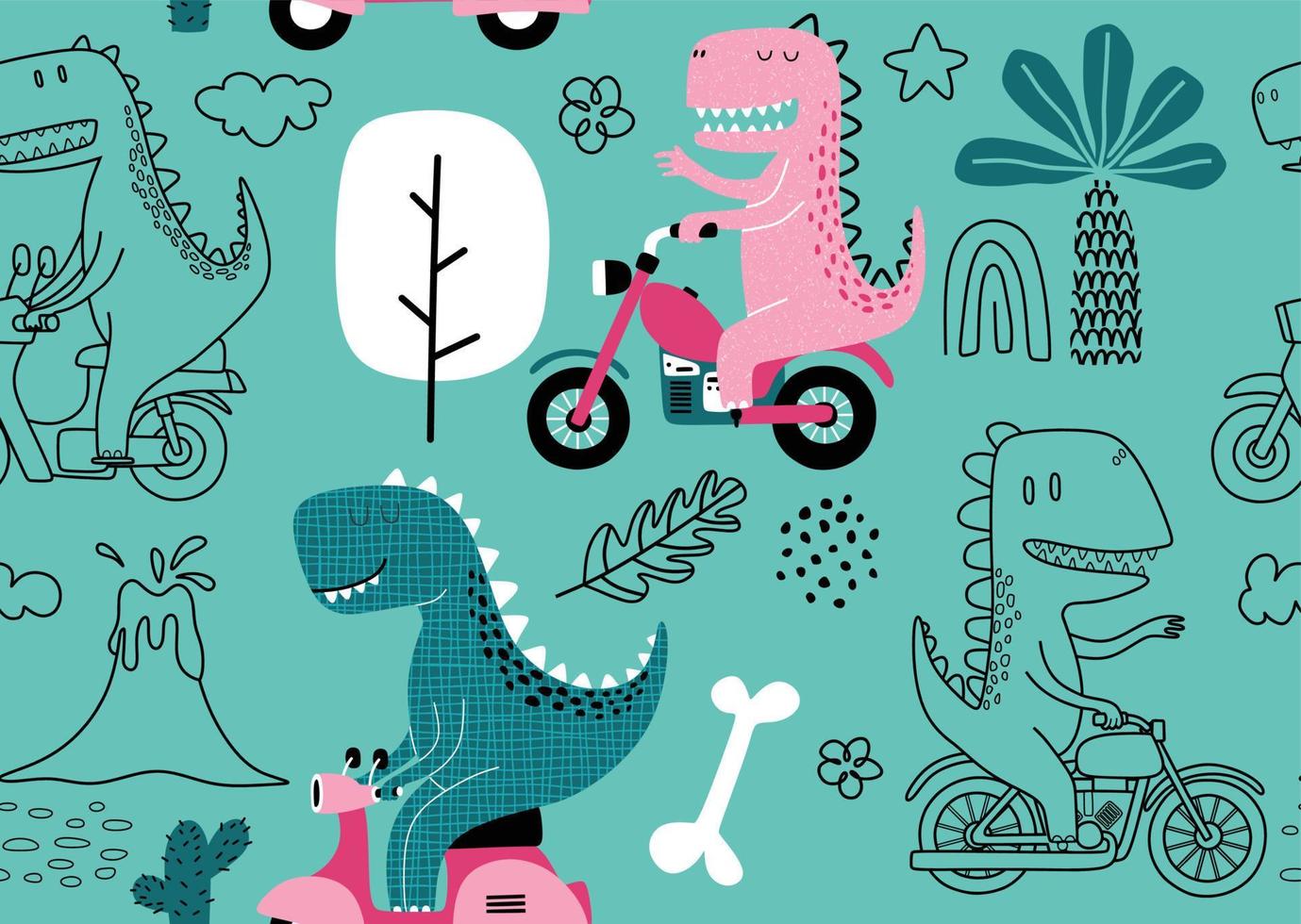 Seamless pattern with Cute dinosaur riding a motorbike. vector