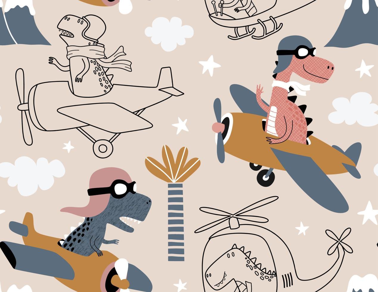 patrón impecable con lindos dinosaurios volando en avión. vector