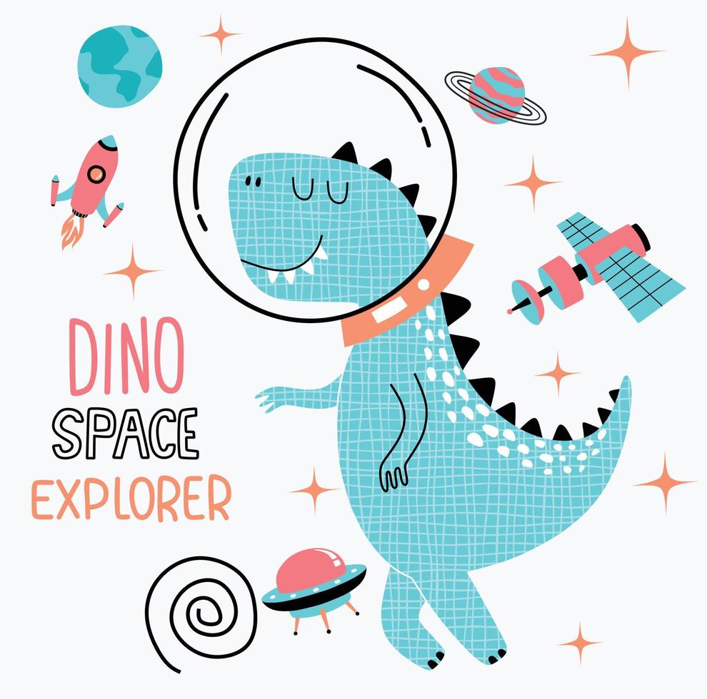 lindo dino volando en el espacio. diseño de ilustraciones vectoriales para telas de moda, gráficos textiles, estampados. vector