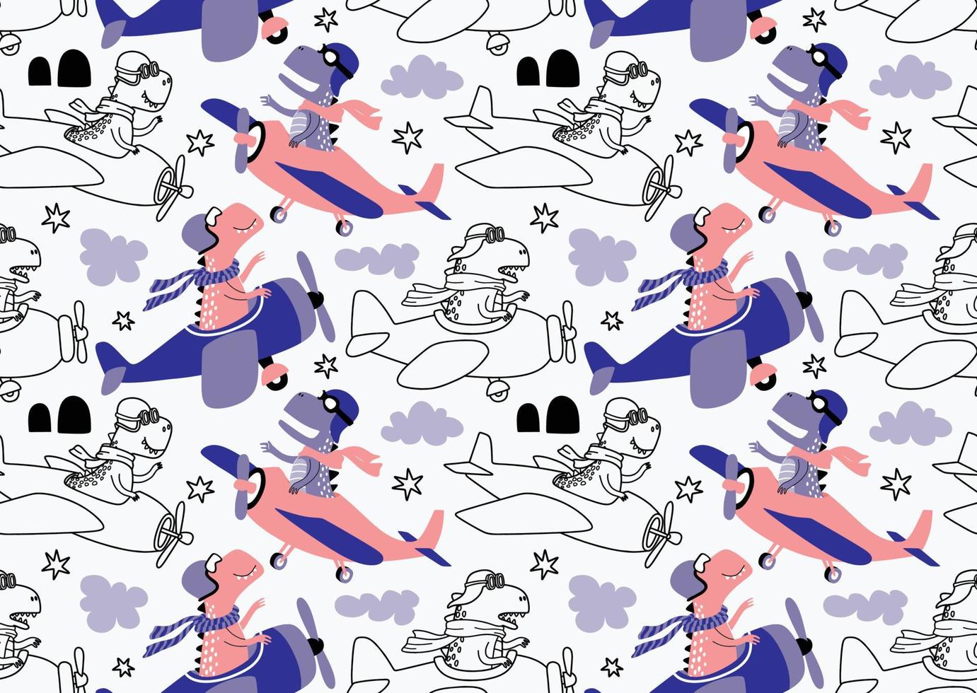 seamless pattern with with Cute dinosaurs flying in airplane. vector