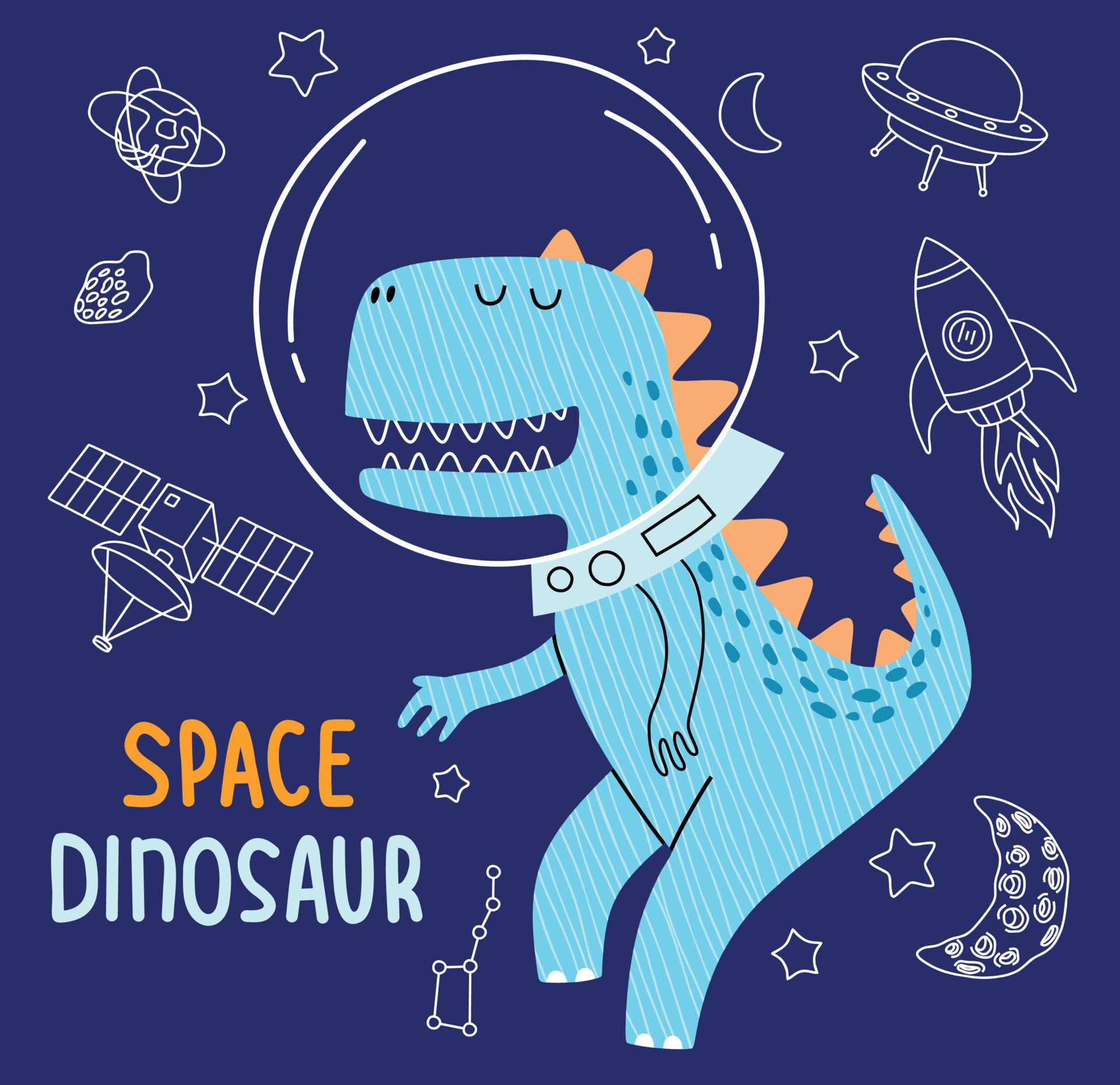 cute dino flying in space. Vector illustration design for fashion ...