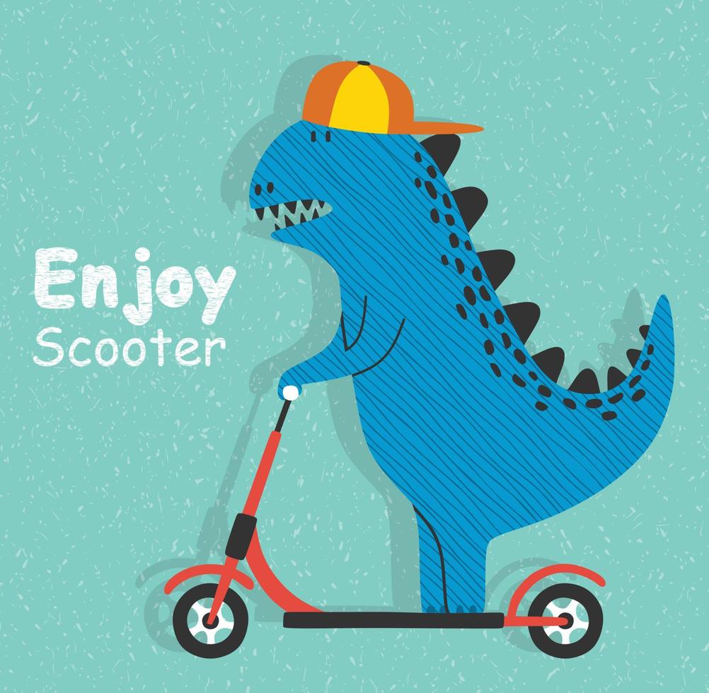 cute dinosaur riding kick scooter. vector