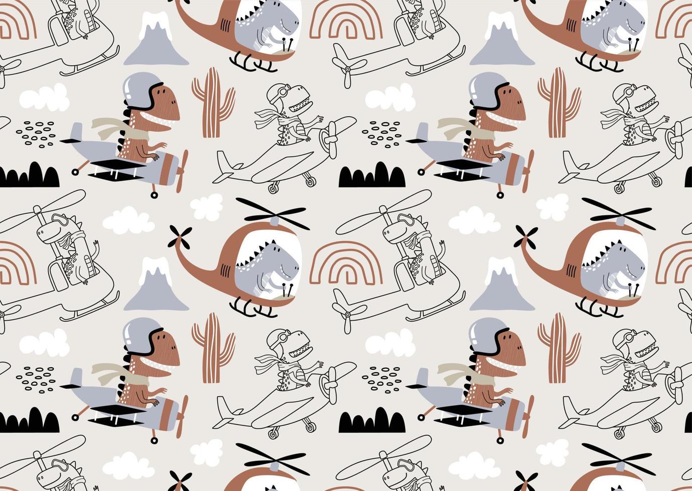 seamless pattern with with Cute dinosaurs flying in airplane. vector