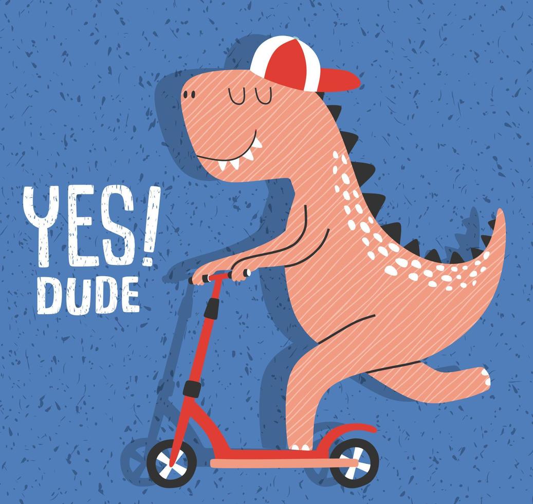 cute dinosaur riding kick scooter. vector