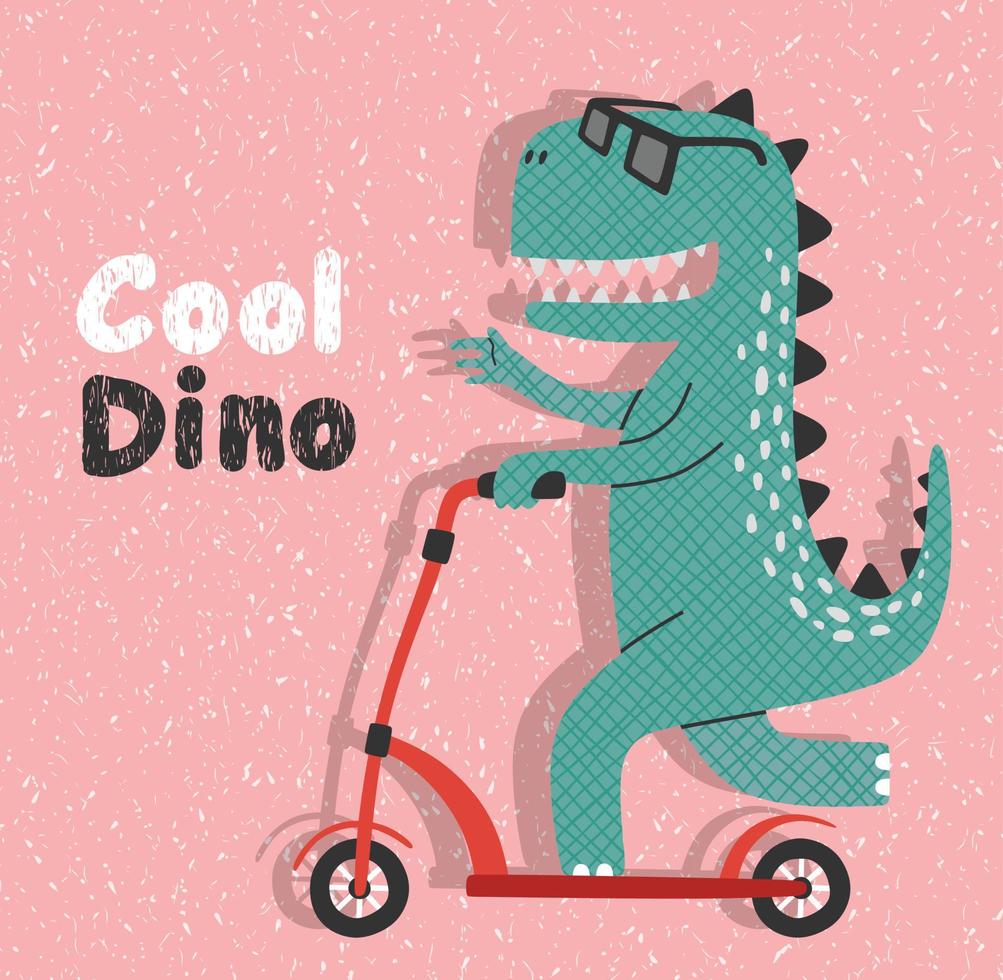 cute dinosaur riding kick scooter. vector