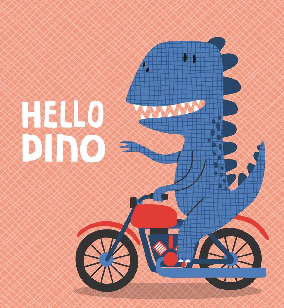 dinosaurio de dibujos animados montando una motocicleta. lindo dino en una moto. vector