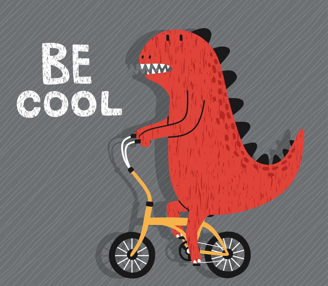 Cartoon dinosaur riding a bike. Cute dino on a bicycle. vector