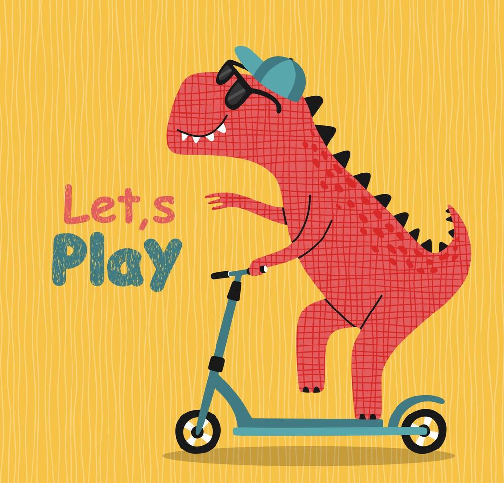 cute dinosaur riding kick scooter. vector