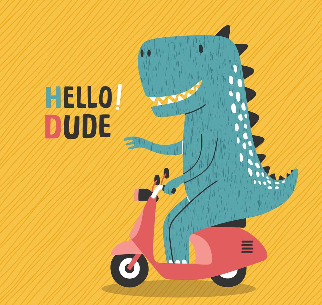 dinosaurio de dibujos animados montando una motocicleta. lindo dino en una moto. vector