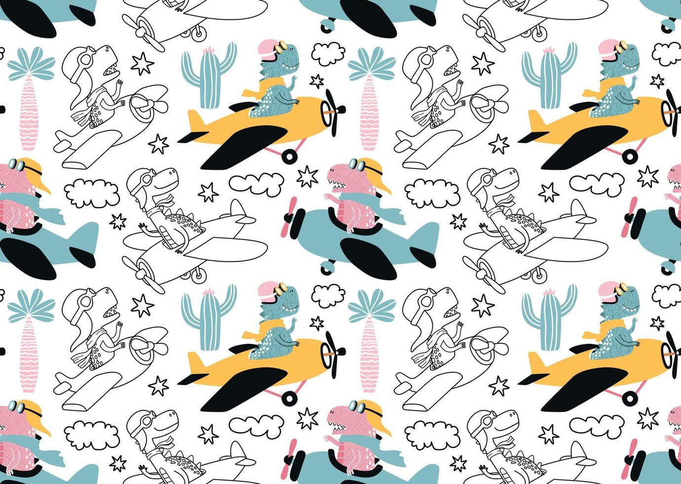 seamless pattern with with Cute dinosaurs flying in airplane. vector