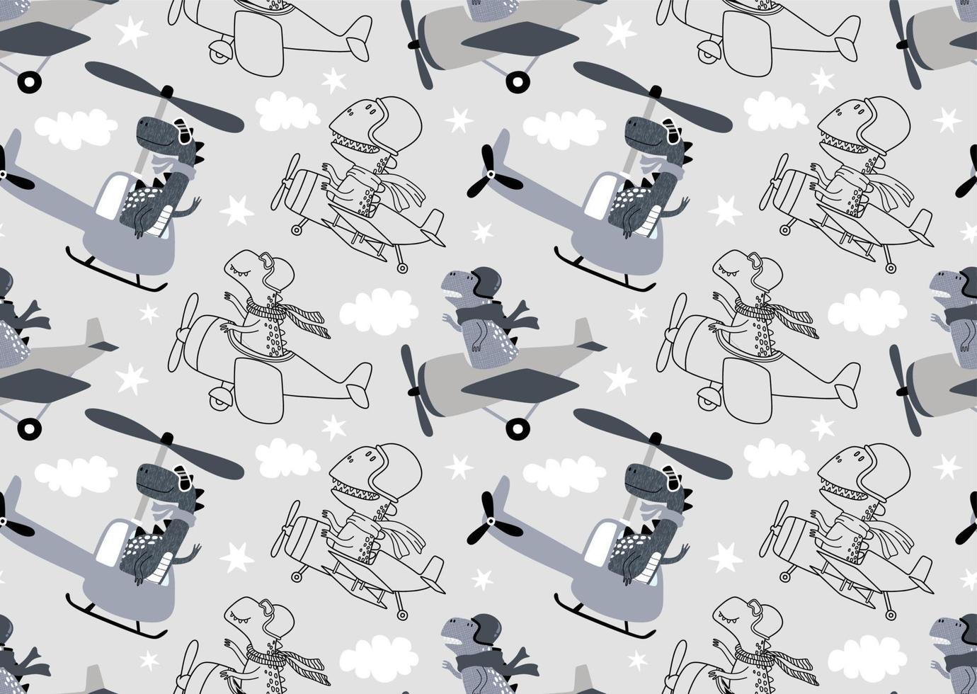 seamless pattern with with Cute dinosaurs flying in airplane. vector