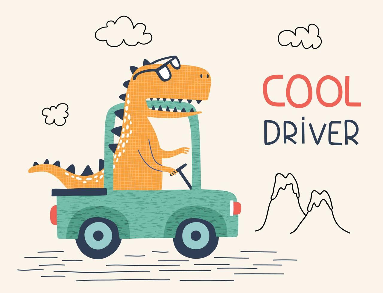 ute dinosaur with car. T-shirt graphics for kids vector illustration.