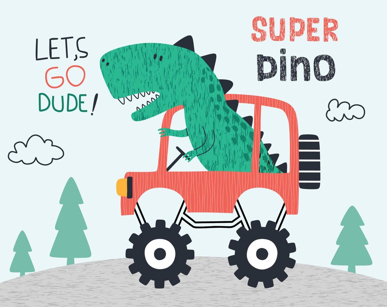 Ute dinosaurio con coche. gráficos de camisetas para niños ilustración vectorial. vector