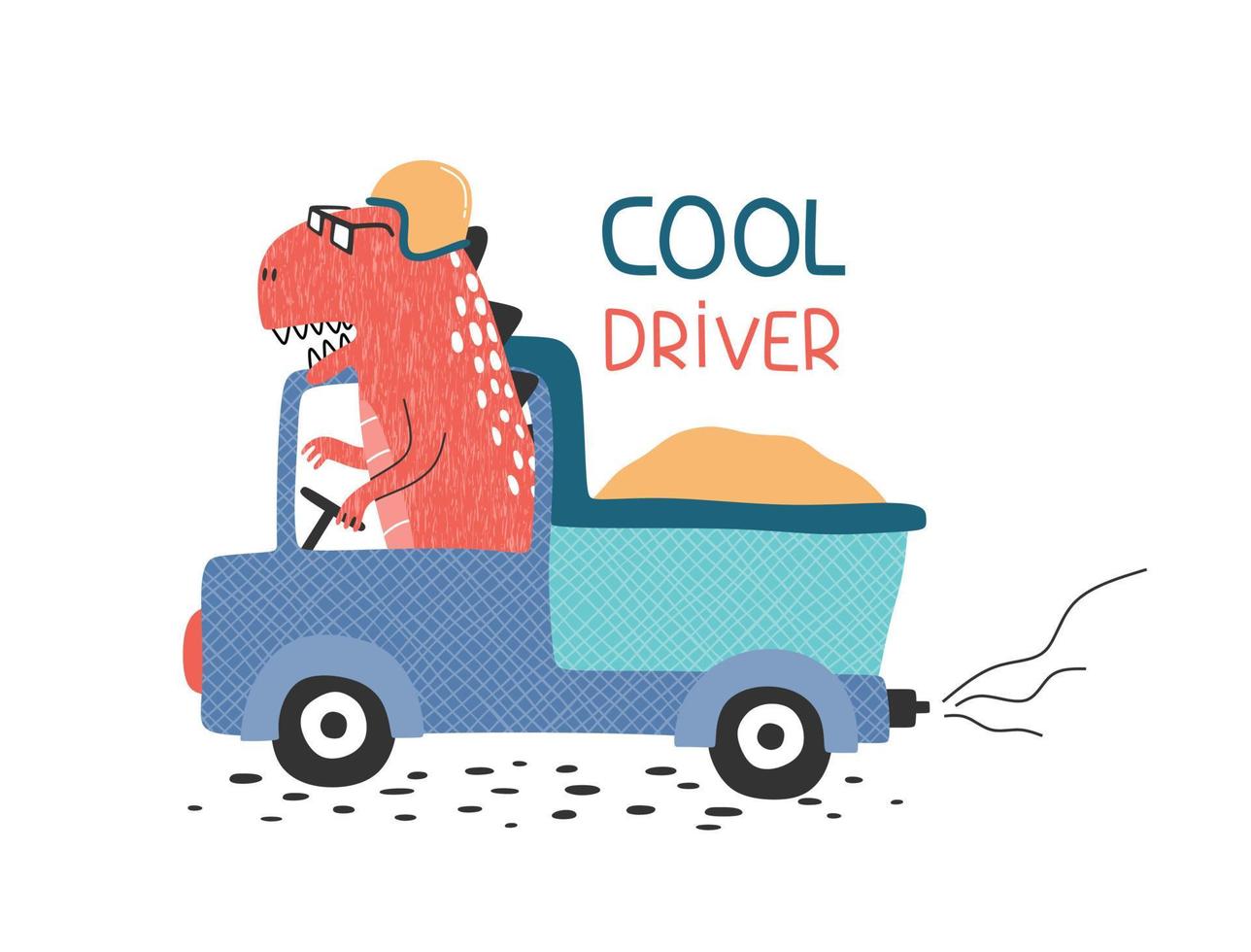ute dinosaur with car. T-shirt graphics for kids vector illustration.