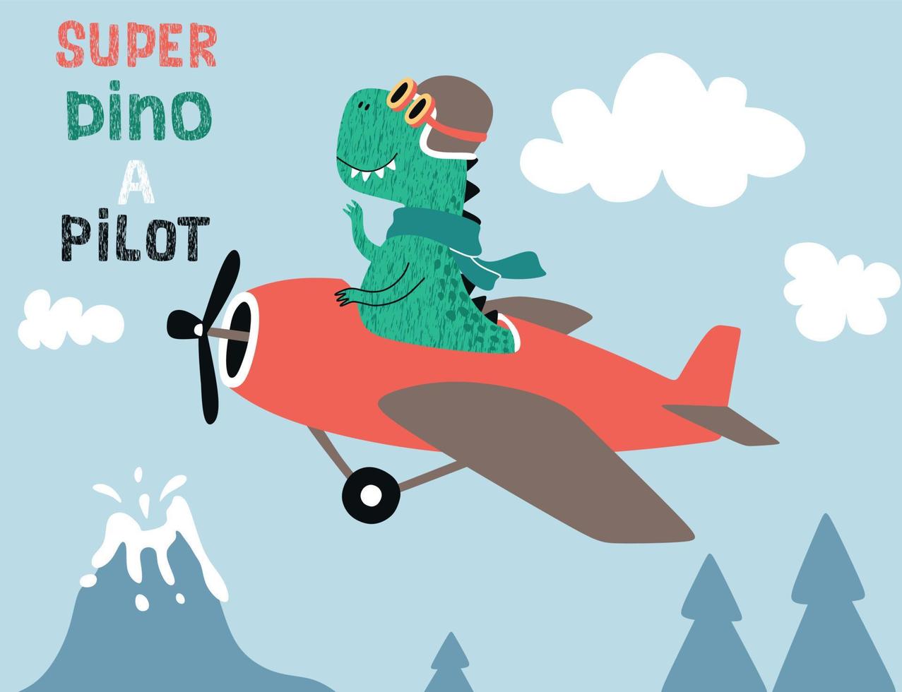 cute dinosaur on a plane.  Cartoon vector illustration.