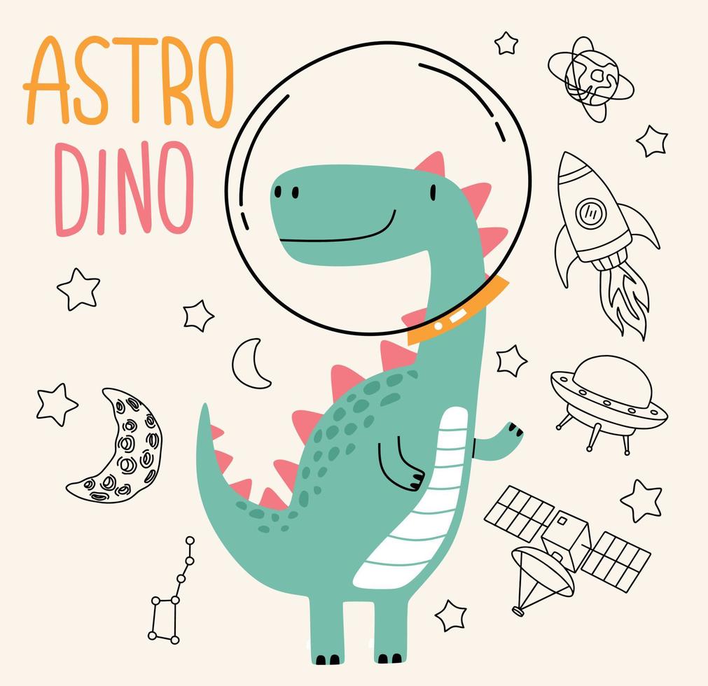 lindo dino volando en el espacio. diseño de ilustraciones vectoriales para telas de moda, gráficos textiles, estampados. vector