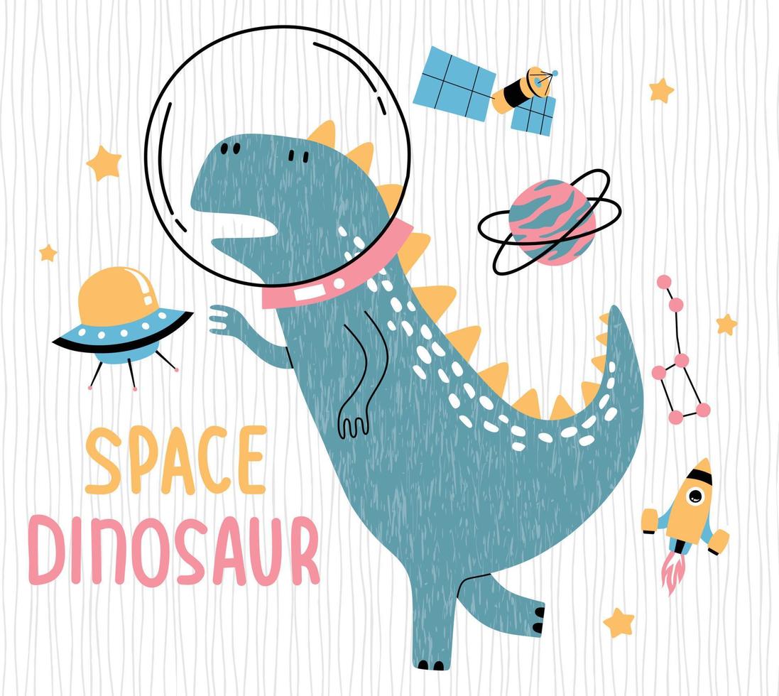 lindo dino volando en el espacio. diseño de ilustraciones vectoriales para telas de moda, gráficos textiles, estampados. vector