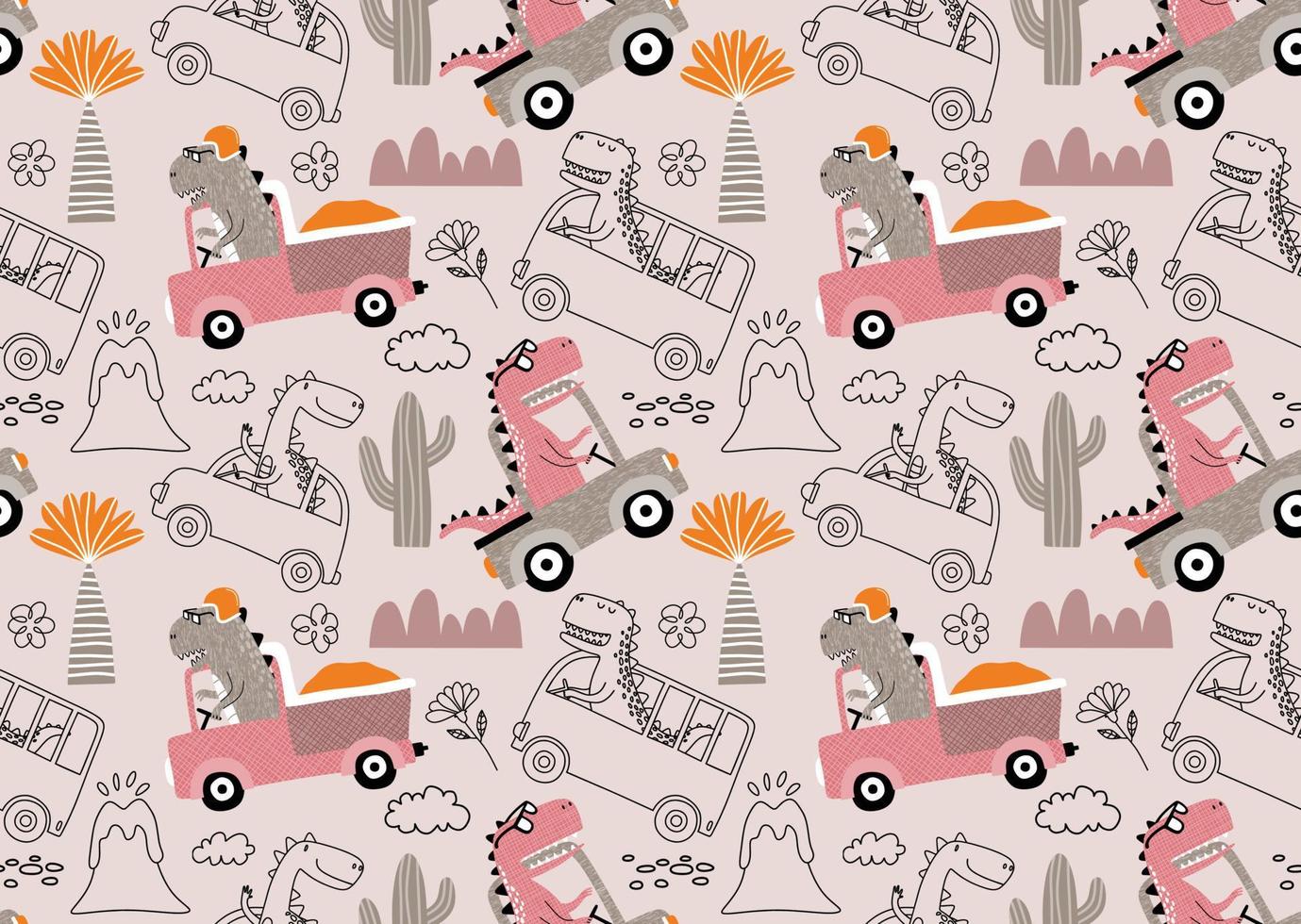 seamless pattern with cute dinosaur driving cars. vector