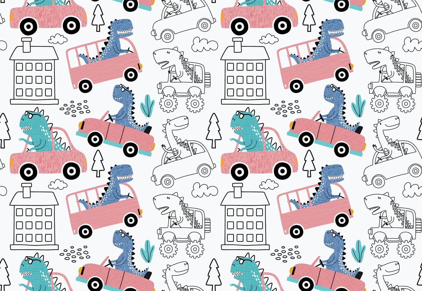 patrón impecable con lindos dinosaurios conduciendo autos. 14864190 Vector  en Vecteezy