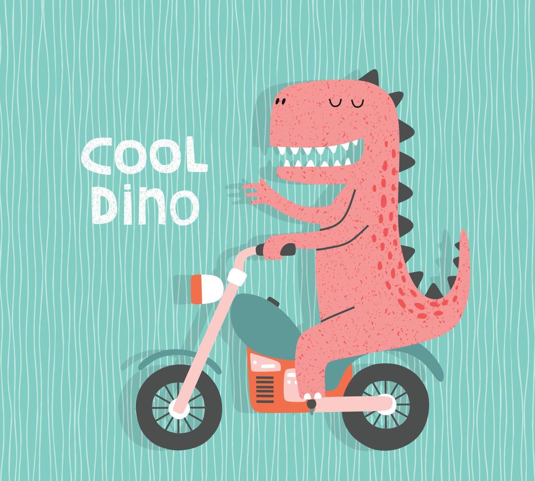 dinosaurio de dibujos animados montando una motocicleta. lindo dino en una moto. vector