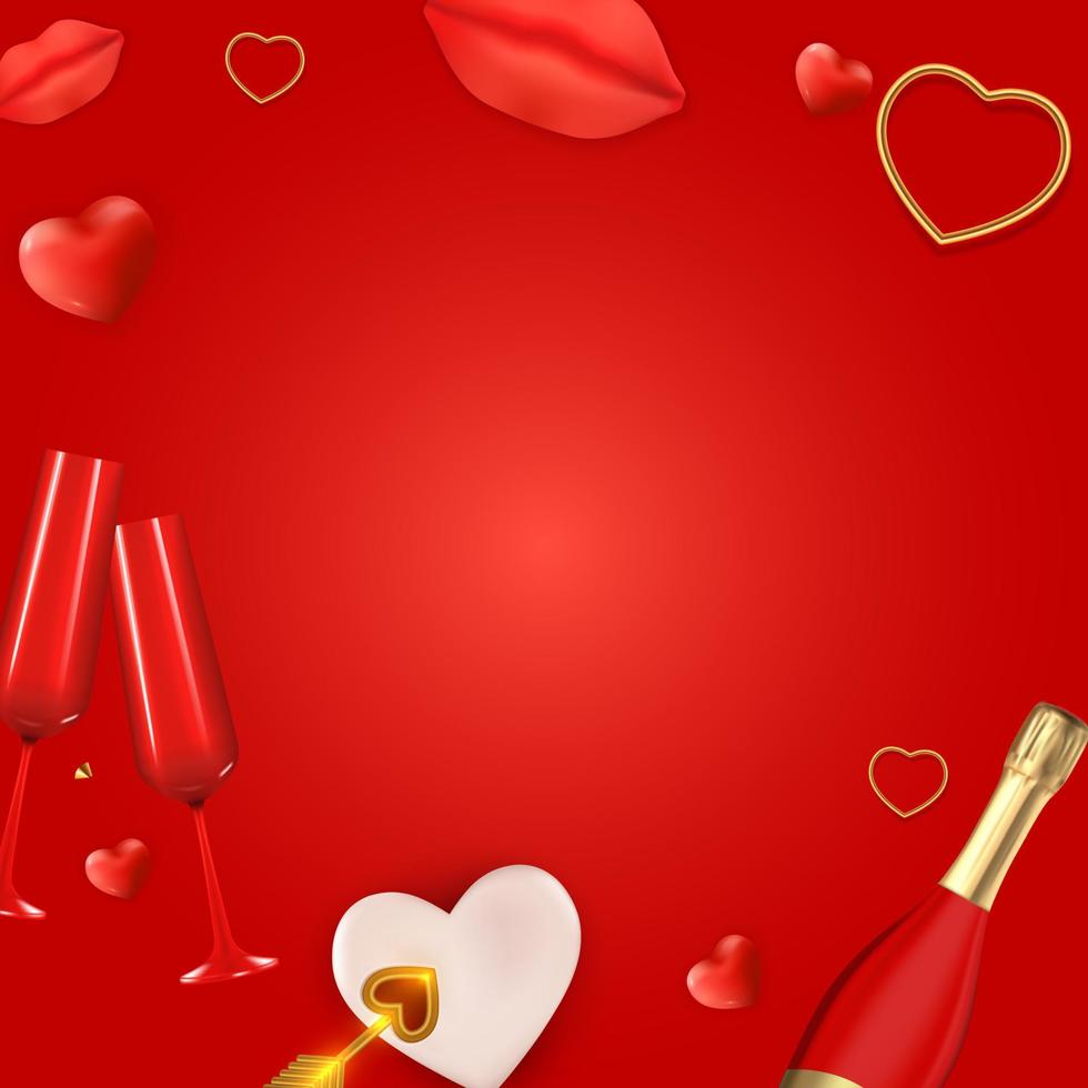 Red Illustrated Valentine's Day Greeting Card. Vector Illustration