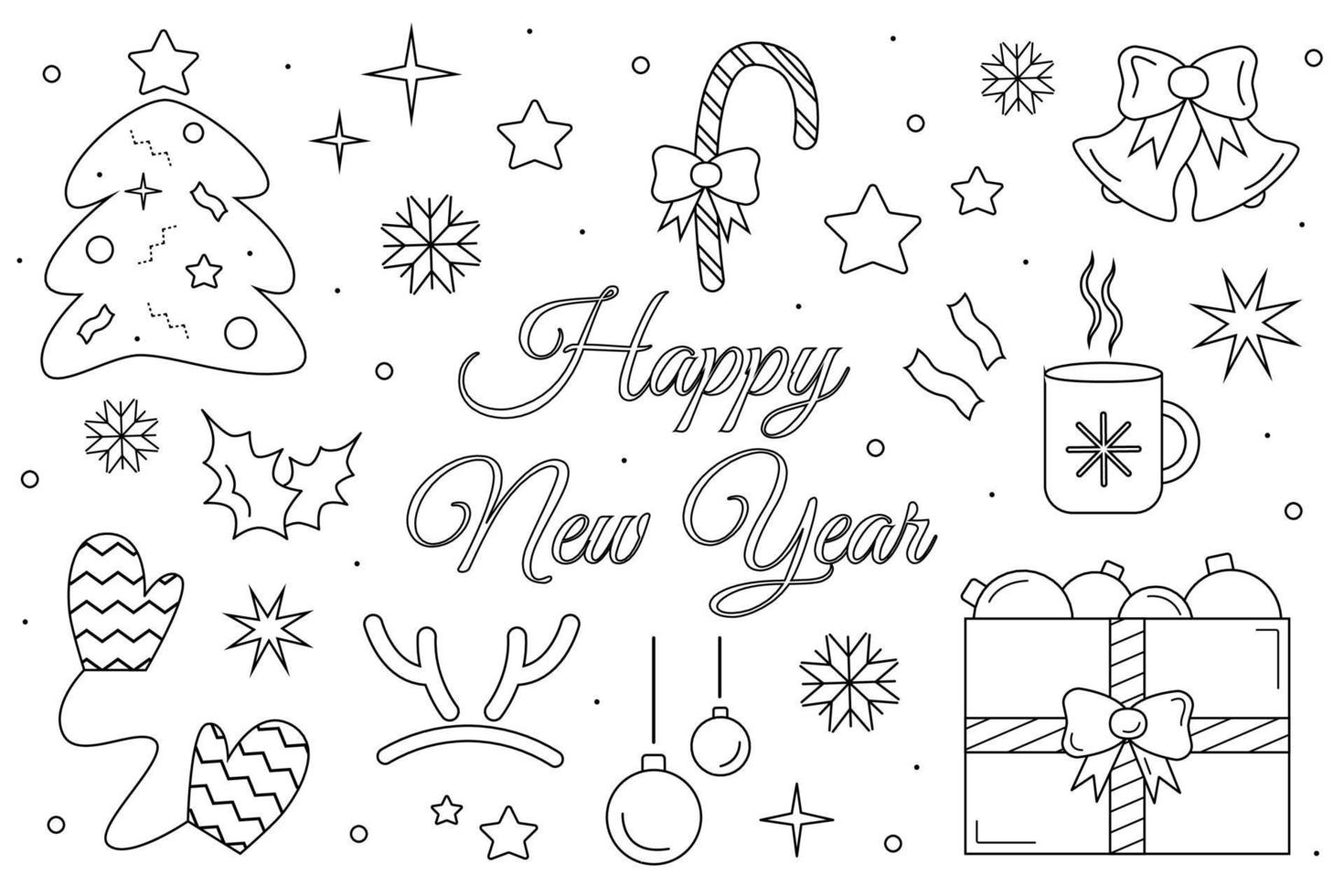 Christmas elements set. Line drawing of New Year decorations and objects. Holiday text design. Isolated vector line illustration.