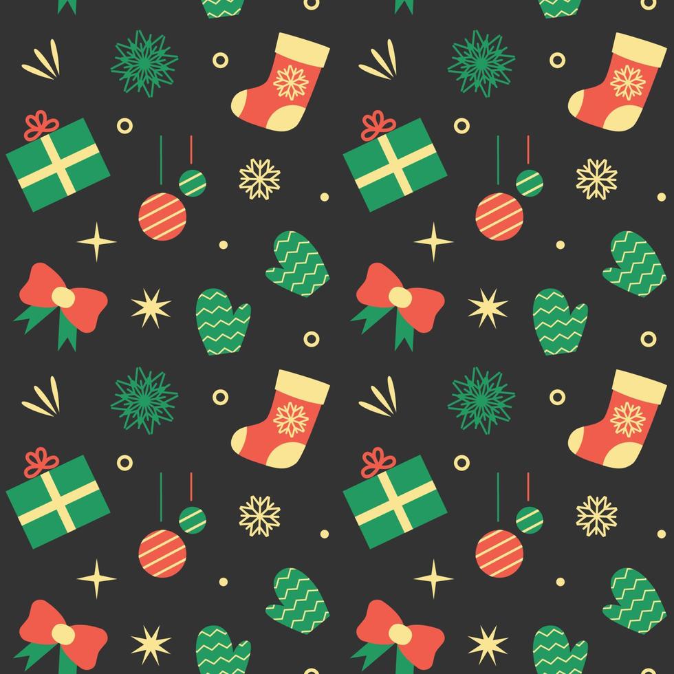 Christmas seamless pattern on dark background. Vector illustration of New Year elements gift box, sock, mittens, decorations.
