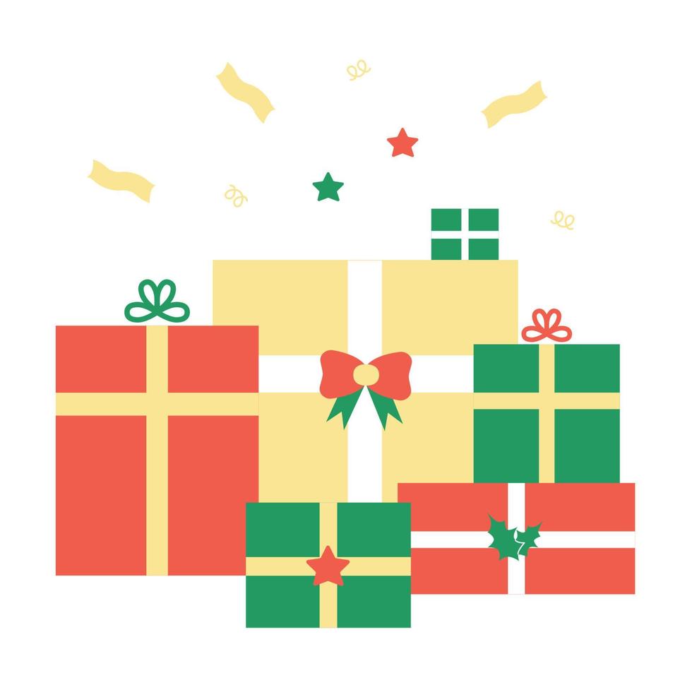 Christmas gifts set. Vector illustration of different holiday boxes on white background. Design for New Year greeting card.