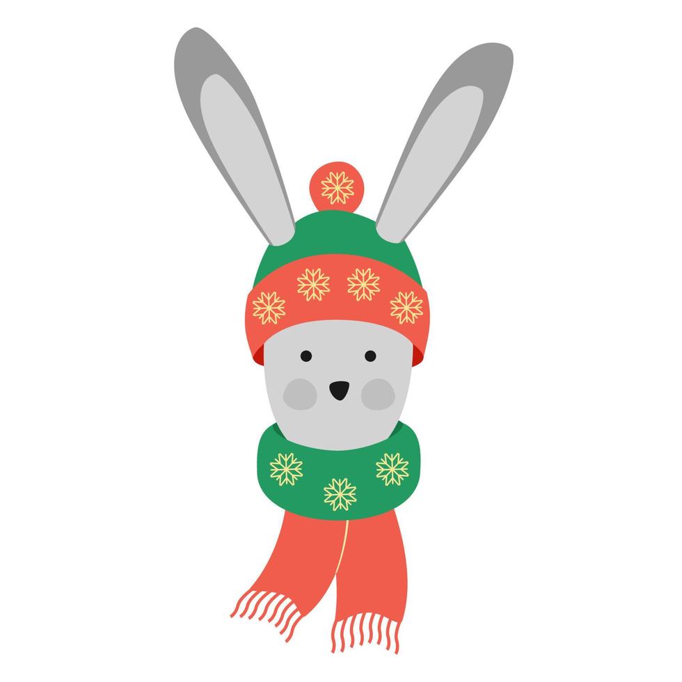 Christmas Rabbit. New Year vector illustration hare in winter cap and scarf. Symbol of the New Year 2023.