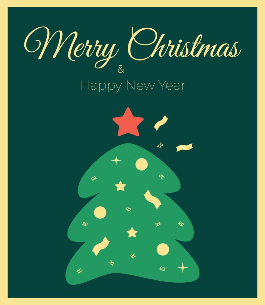 Happy New Year and Merry Christmas greeting card. Vector illustration of Christmas tree. Holiday text design.