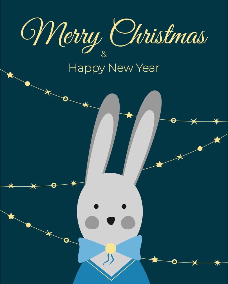 feliz navidad y feliz año nuevo tarjeta de felicitación con conejo. letras de vacaciones. ilustración vectorial de liebre. símbolo del año nuevo. vector