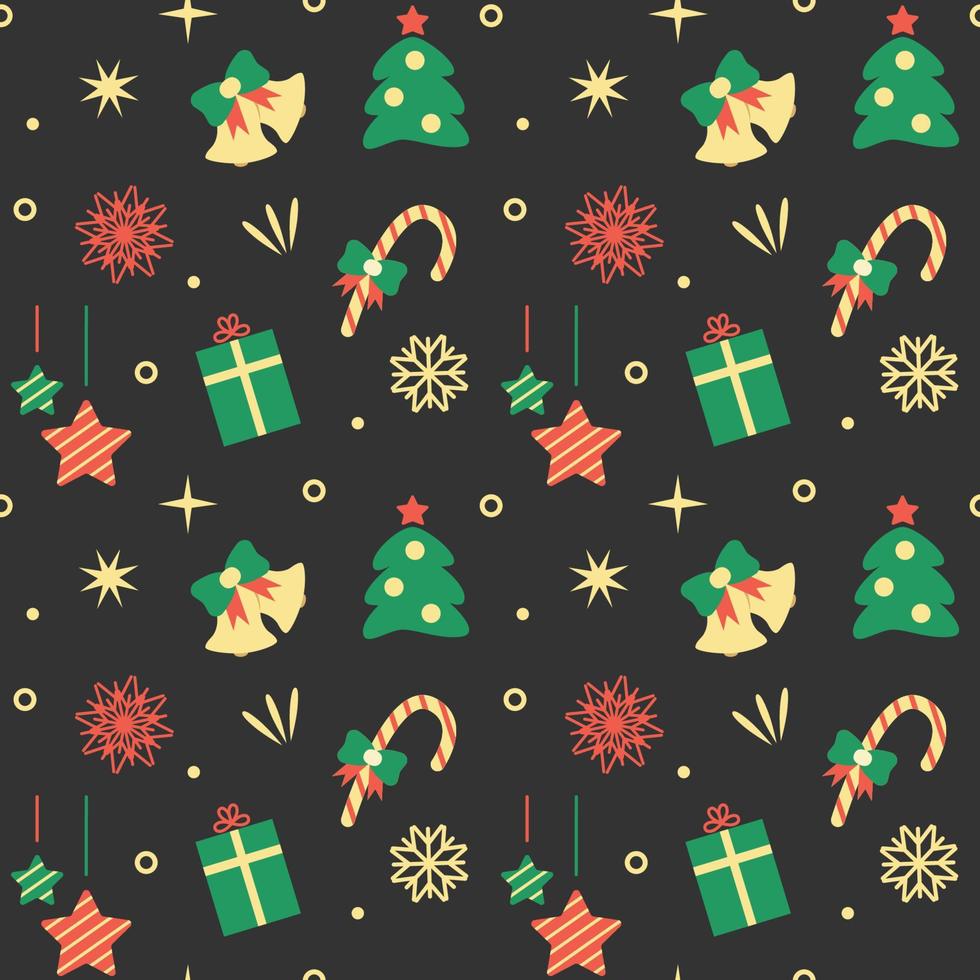 Christmas seamless pattern on dark background. Vector illustration of New Year ornament. Packaging paper and textile design.