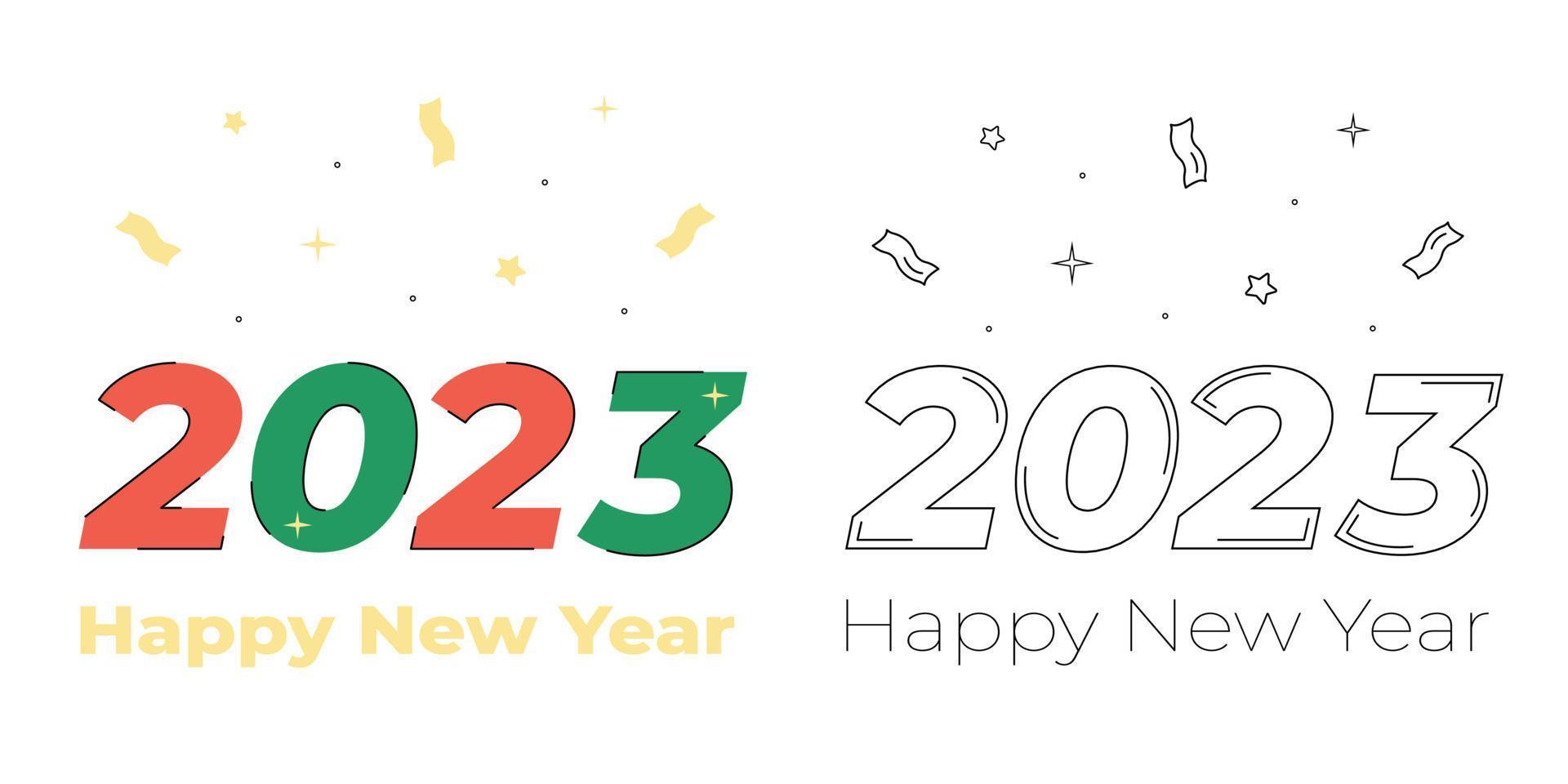 Happy New Year 2023 text design. Color and black and white vector illustration for greeting card.