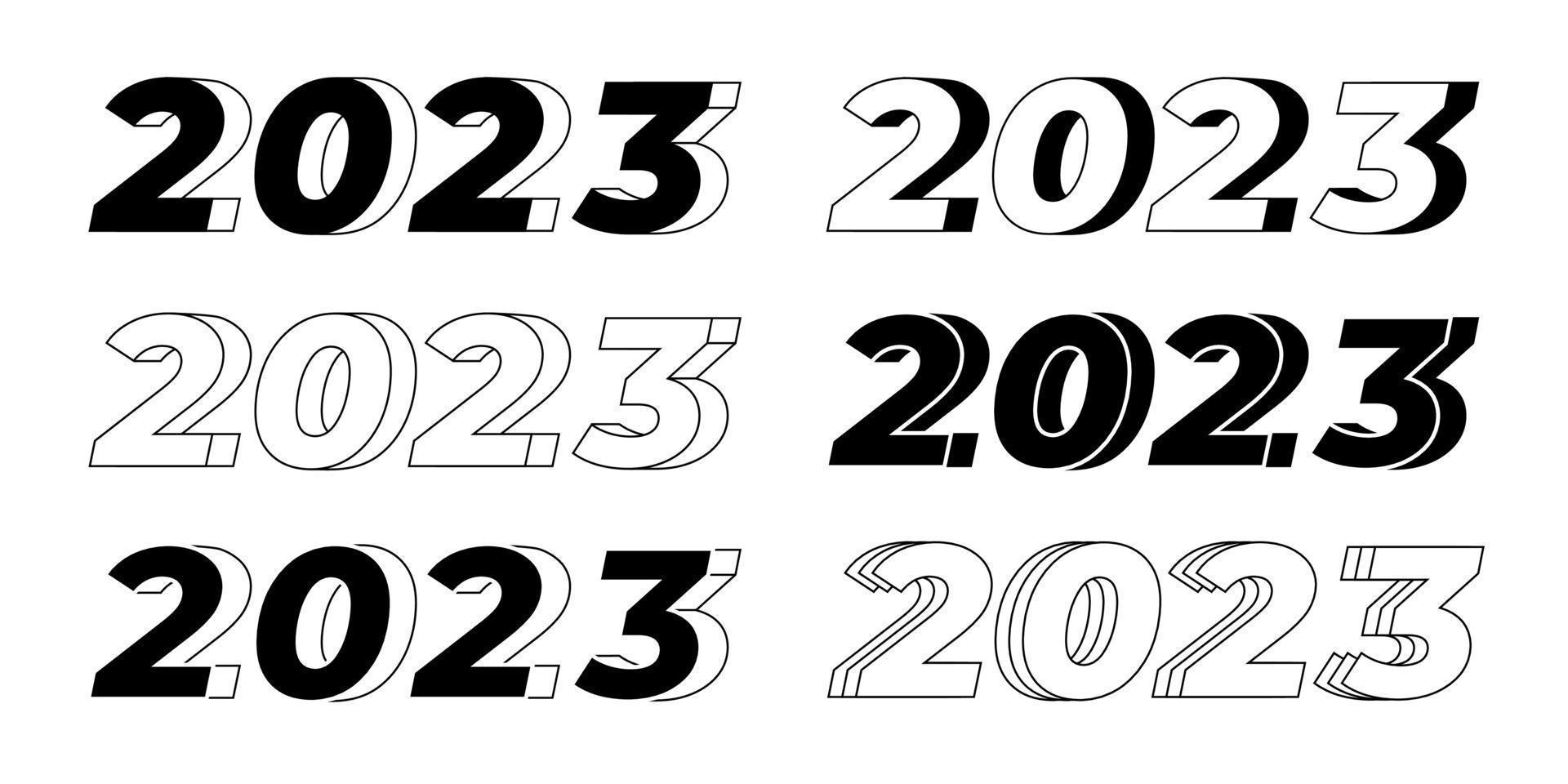 Set of 2023 text design. Line black and white vector illustration. 2023 number design template.