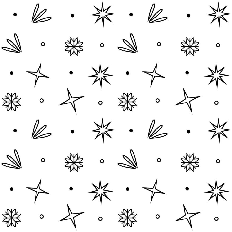 navidad y año nuevo de patrones sin fisuras. ilustración vectorial de estrellas blancas y negras y copos de nieve. vector