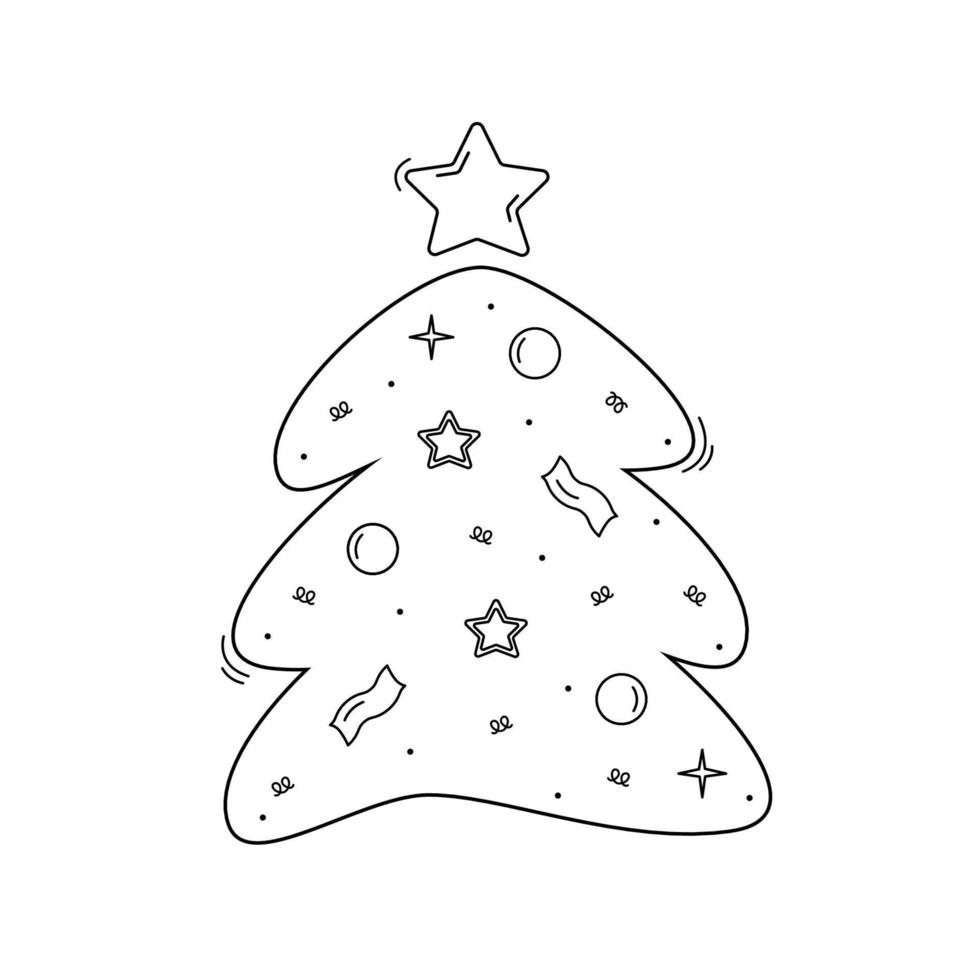 dibujo de árbol de navidad con adornos y estrella. Ilustración de vector lineal de año nuevo.