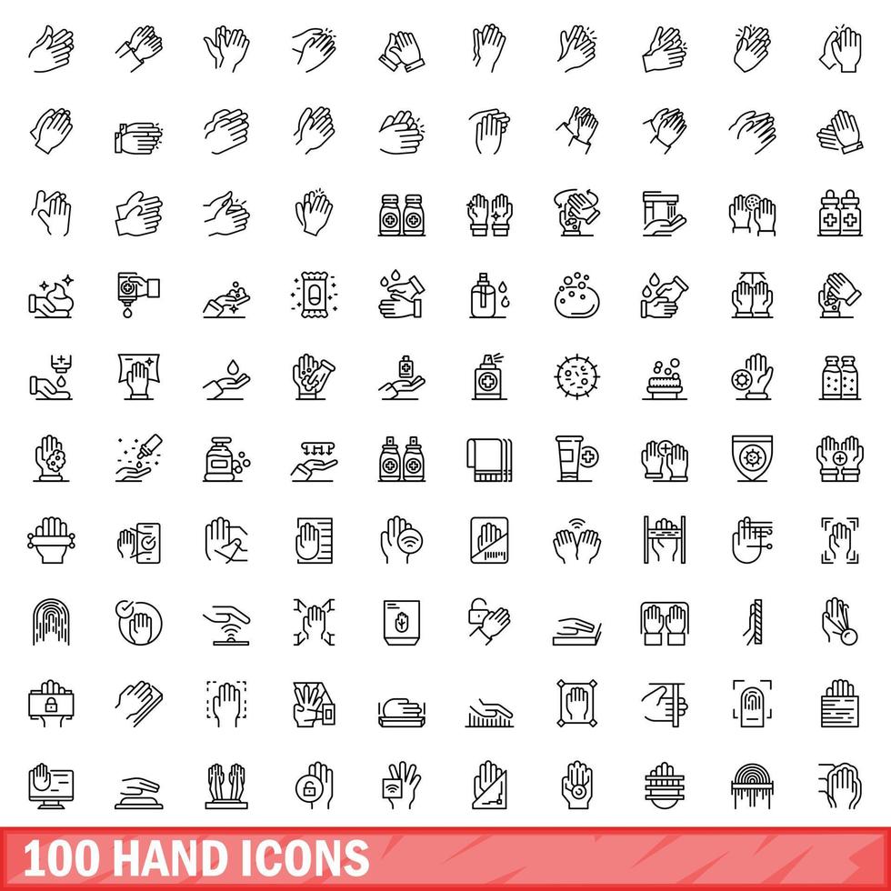 100 hand icons set, outline style vector