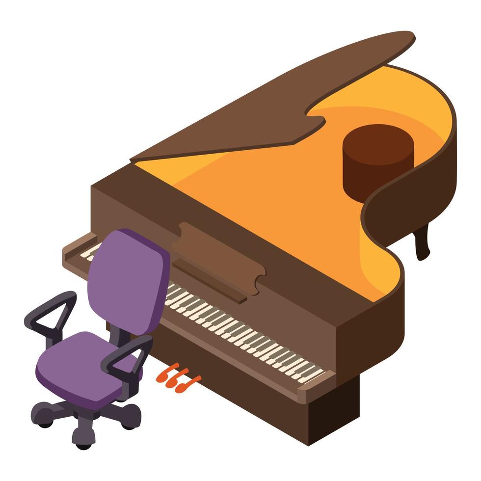 icono de piano de cola vector isométrico. Silla y instrumento de música de cuerda de teclado