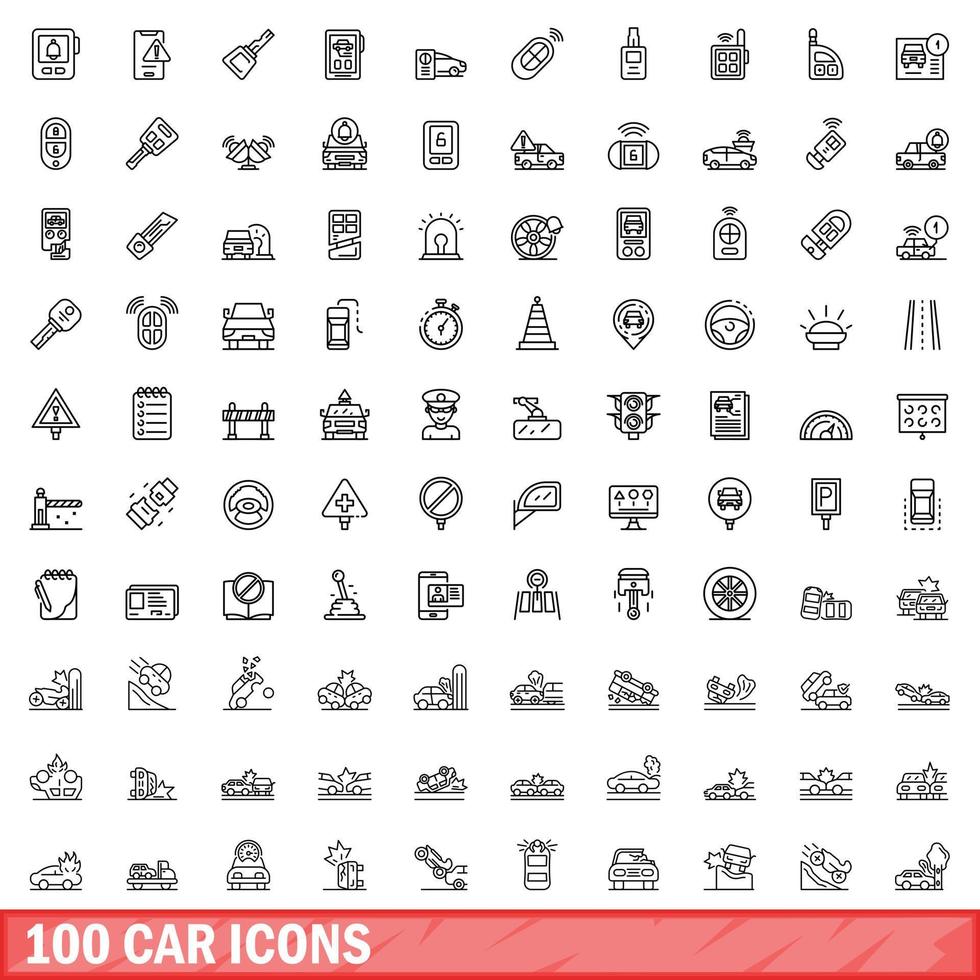 100 iconos de coche, estilo de esquema vector