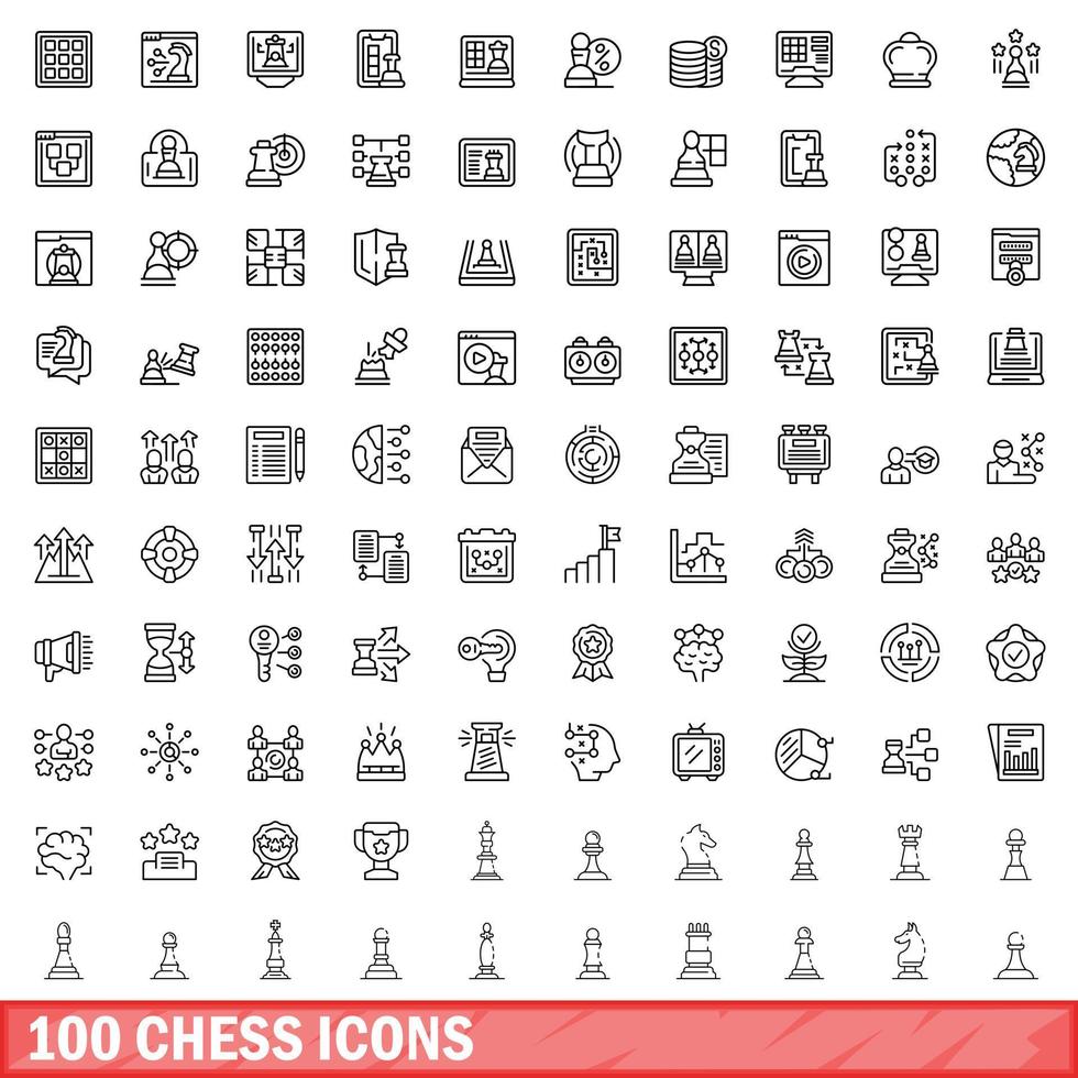 100 chess icons set, outline style vector