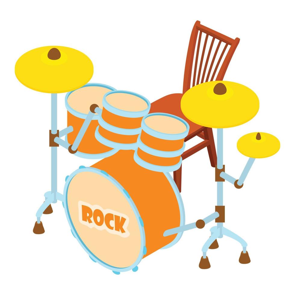 Rock drum icon isometric vector. Percussion musical instrument near wooden chair vector